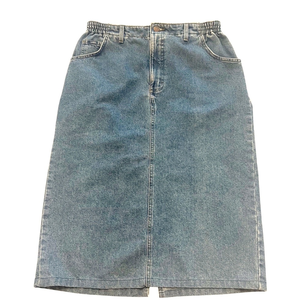 Lee Vintage Womens Medium Wash Denim Midi Skirt Elastic Waist Size 14M B165